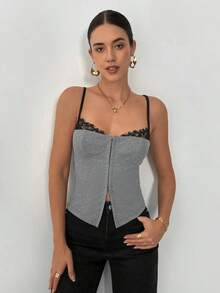 Camiseta de tirantes de uso diario versátil y casual con parches de encaje para mujer - Gris - Ver 8