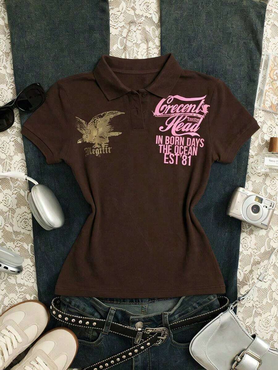 Camiseta de manga corta con media cremallera y estampado de letras casual para mujer, de verano - Café integral - Ver 1