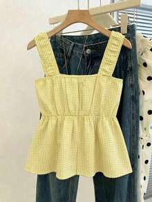 2026 Nueva llegada Blusa de tirantes de cuadros rojos para mujer, blusa sin mangas con volantes y dobladillo de peplum fruncido, top de verano fluido con volantes y ajuste ceñido para uso diario, vacaciones y streetwear - Amarillo claro - Ver 2