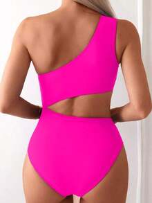 Swim 1 pieza Traje de baño de una pieza para mujer con diseño calado y fruncido en color liso - Rosa Fucsia 2 - Ver 2