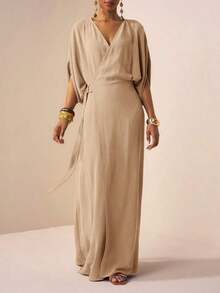 Vestido maxi fluido de lino amarillo-verde con escote en V, manga corta, cinturón y decoración metálica, para uso en primavera/verano 2026, festivales de música, Pascua, Día de San Patricio, San Valentín, citas, estilo occidental, nómada, fiestas de cumpleaños, graduaciones, universidad, estudiantes, uso diario, básico a juego, casual, vacaciones, cruceros, playa, tomar el sol, virales, ropa urbana, invitados de boda, ir y venir, brunch, aeropuerto, fiestas, salidas festivas, oficina - Blanco - Ver 3