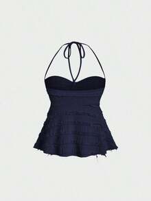 Tops halter con cordón en el busto de color sólido, estilo Y2K para mujeres - Azul marino - Ver 2
