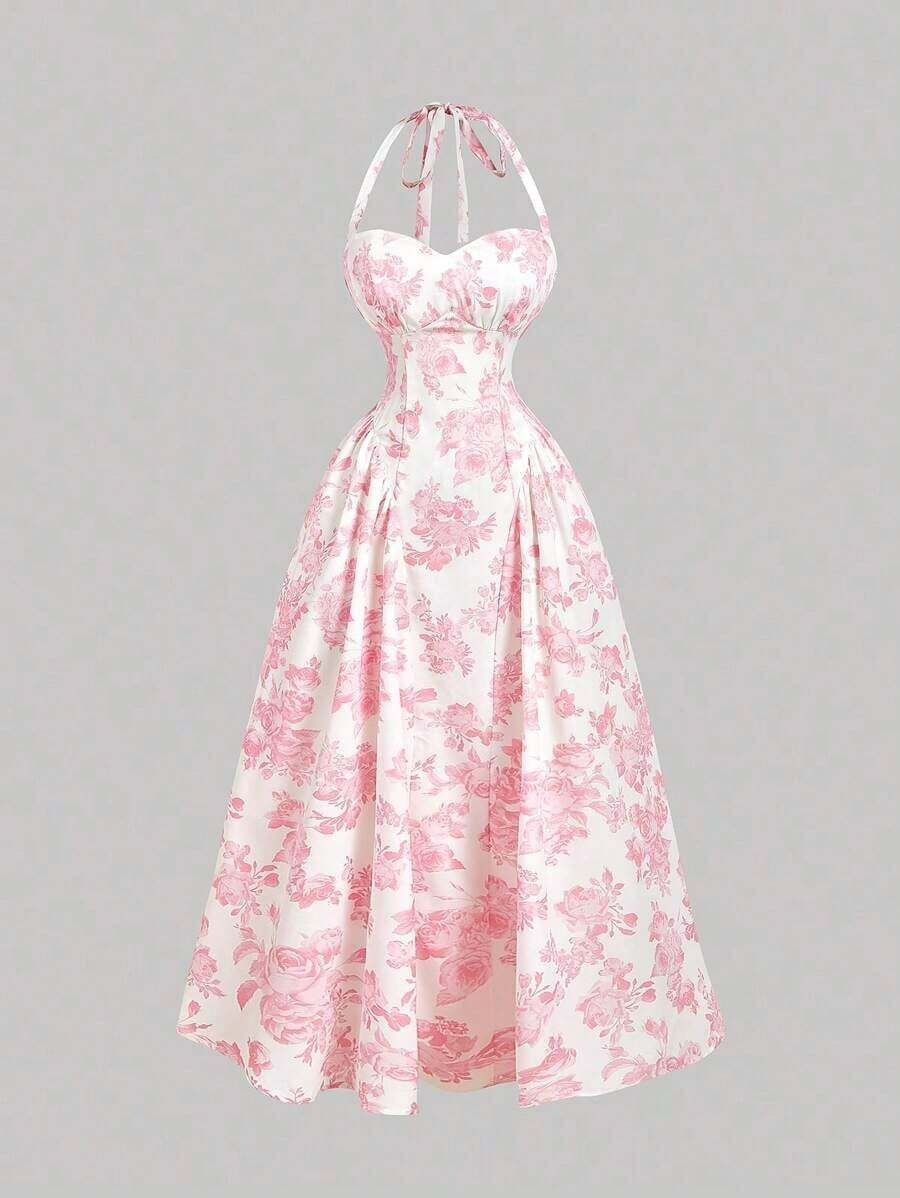 Vestido largo con estampado floral romántico con escote de cuello alto, para el Día de San Valentín, vestido de primavera, atuendo para brunch, atuendo para fiesta del té, atuendo para vacaciones en la playa, vestido floral para mujer, vestido v - Rosa - Ver 1