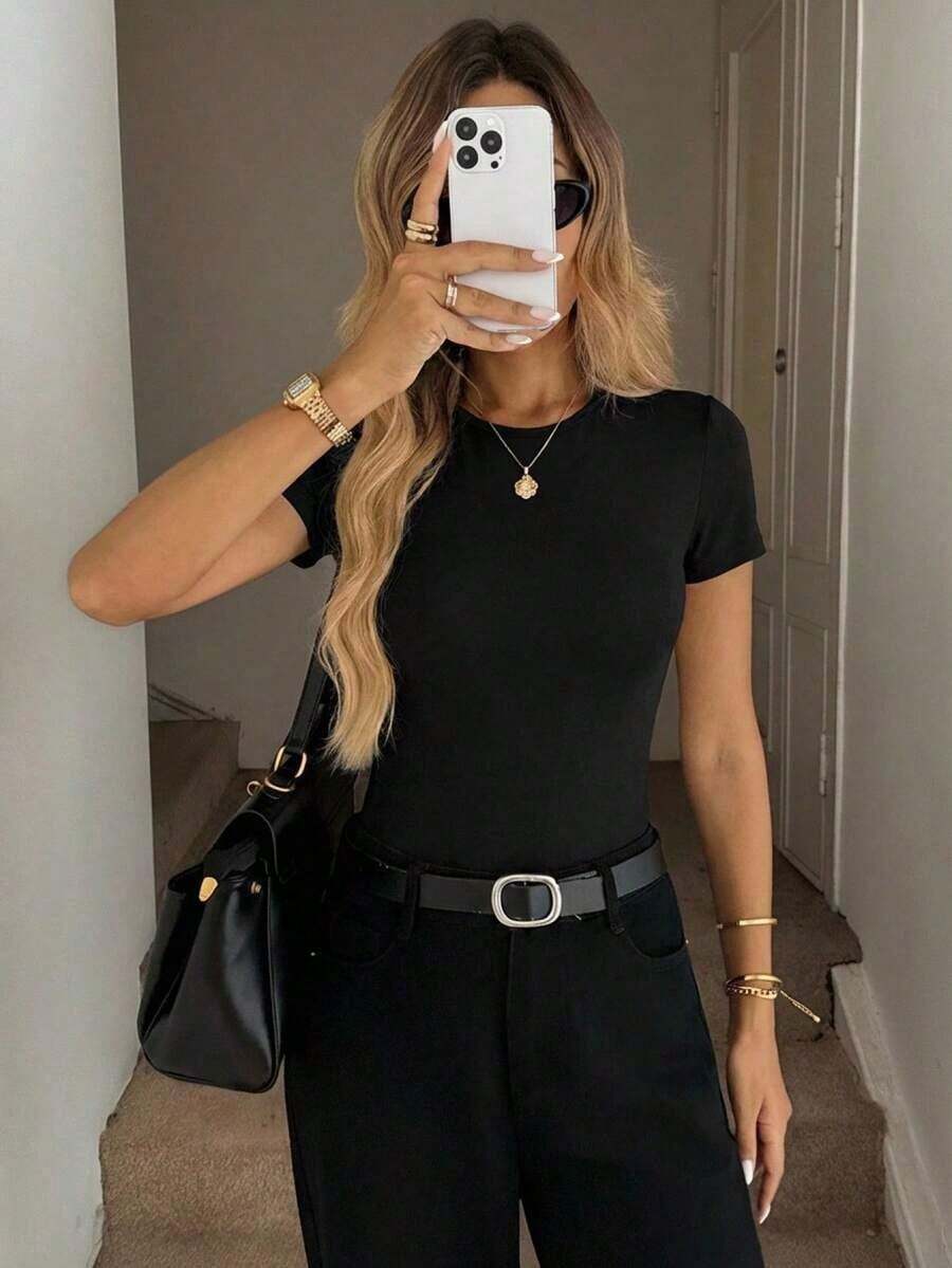 [ flash oferta]  LUNE Camiseta de manga corta ajustada de cuello redondo de color blanco liso, adecuada para primavera/verano camisetas bonitas para mujer - Estilo - Ver 1