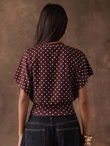 Camiseta corta de manga corta con estampado de lunares y murciélagos en la cintura para mujer - Café integral - Ver 2
