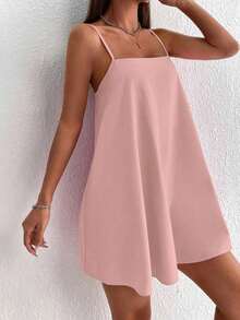 Vestido minifalda camiseta de unicolor minimalista y casual sin espalda - Rosa vieja - Ver 3
