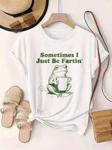 Women's Casual Short Sleeve T-Shirt - Summer Crew Neck T-Shirt With "Sometimes I Just Be Fartin' Frog With Cup" Print, Machine Washable, Women's T-Shirts, Casual Wear, Modern Style, Comfortable Fit

Black - 白色 - 查看 2