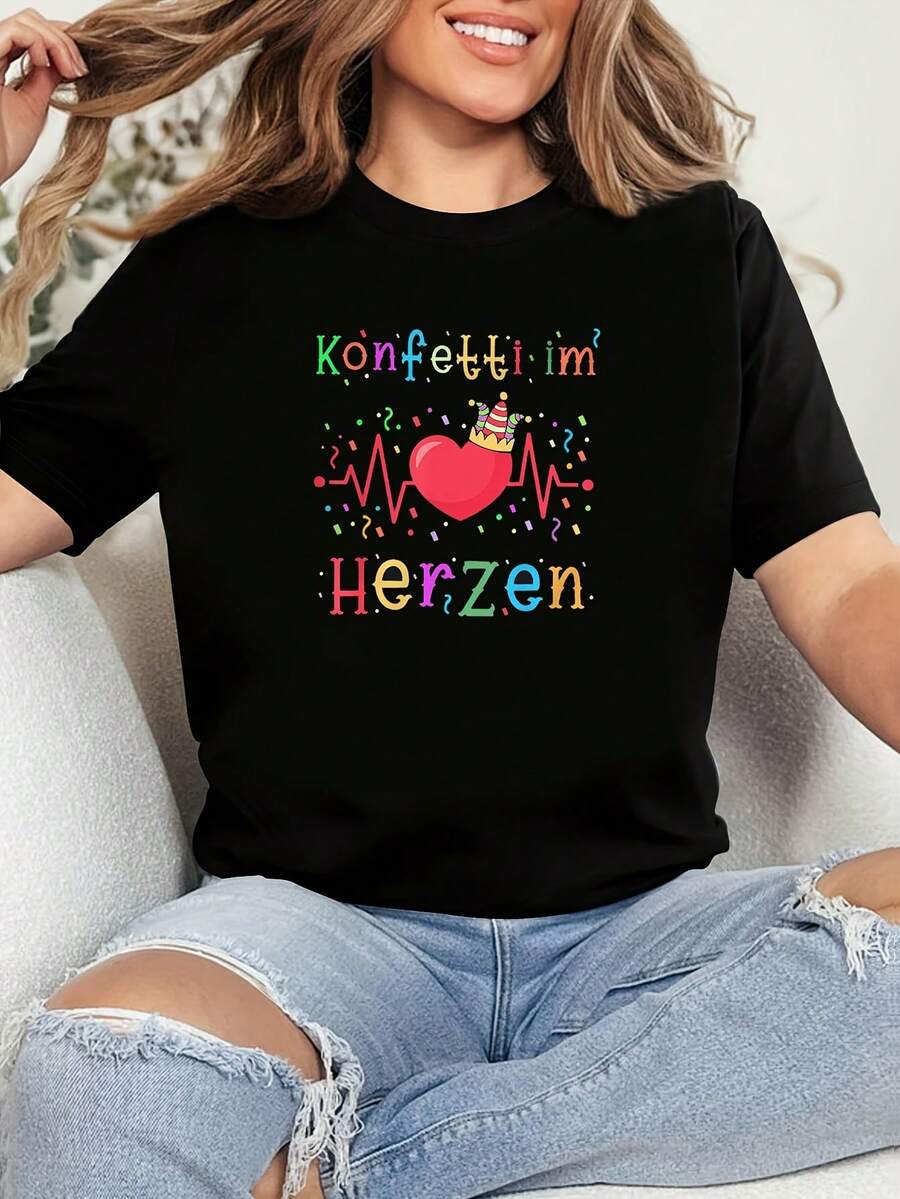 Stylish Plus Size Everyday T-Shirt, German Women's T-Shirt "Konfetti Im Herzen" With Confetti Theme, Printed With ECG Heart Symbol, Black Short Sleeve Round Neck T-Shirt - Machine Washable, Suitable For Spring, Summer And Autumn, Casual Style, Comfortable Fit, Modern Design, Versatile For Everyday Wear, Soft Fabric, Chic Fashion T-Shirt. - 黑色 - 查看 1
