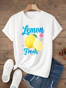 Camiseta de cuello redondo para mujer con estampado divertido, estilo casual de verano, diseño de limón fresco, nuevo estilo de verano 2026, ligera y brillante para uso diario, perfecta para días cálidos y actividades al aire libre. Tela de cuello redondo suave y cómoda. - Blanco - Ver 3