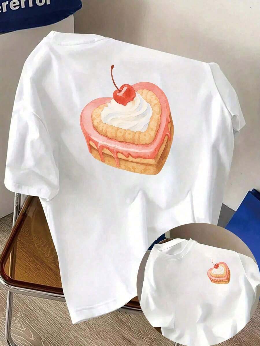 Camisetas de manga corta de talla grande para mujer, ideales para el verano, camisetas básicas de uso diario, camiseta estampada de manga corta con diseños en la parte delantera y trasera - Pastel de corazón, Crema de fresa - Camiseta estampada de primavera/verano para mujer, ¡tu mejor elección! Transpirable y cómoda. - Blanco - Ver 1