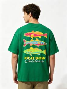 Men's Casual Summer Washed Cotton T-Shirt Old Row Outdoor Fish Print, Round Neck Short Sleeve Lightweight Knitted Fabric, Rib Details 100% Cotton - 純棉綠色 - 查看 2