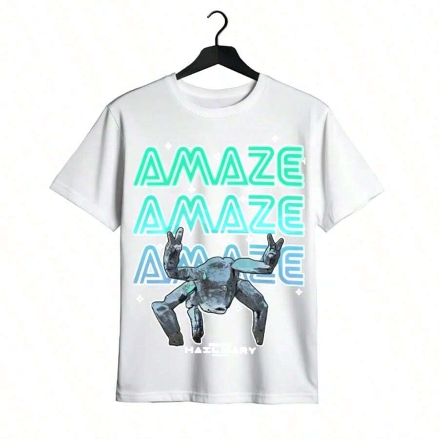 Tops para mujer Casual de Algodón para Mujer, Cuello Redondo, Manga Corta, con Estampado Gráfico Único 'AMAZE', Dobladillo Regular, Tela de Elasticidad Media, Estilo Lindo para Uso Diario, Moda Urbana - Blanco - Ver 1