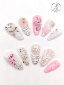 A Set Of 10 Pieces Of Pure Hand-Pressed Wearable Nail, 25mm Long Almond-Shaped Nail, Pink And White Nail, Pink Nail, Three-Dimensional Raised Transparent Starfish Shape, Raised Flower, Scallop Shape, White Pearl, Rhinestone Decoration. Cute Nail Piece, Pointed Nail Piece, Suitable For Daily Leisure Vacation, Banquets, Parties, Shows And Other Activities. Nails - Multicolor - View 1