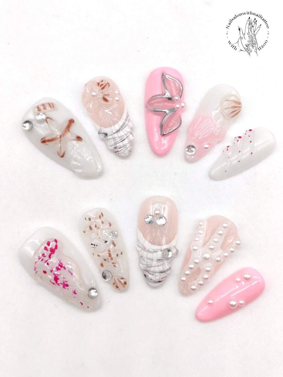 A Set Of 10 Pieces Of Pure Hand-Pressed Wearable Nail, 25mm Long Almond-Shaped Nail, Pink And White Nail, Pink Nail, Three-Dimensional Raised Transparent Starfish Shape, Raised Flower, Scallop Shape, White Pearl, Rhinestone Decoration. Cute Nail Piece, Pointed Nail Piece, Suitable For Daily Leisure Vacation, Banquets, Parties, Shows And Other Activities. Nails - Multicolor - View 1