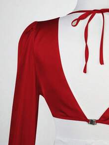 Vestido de cuello profundo de manga farol con tira cruzada de espalda abierta con cordón de satén - Rojo - Ver 4