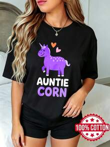 Camiseta negra de manga corta con cuello redondo y estampado para mujer de verano Unicornio Púrpura Con Corazones Y Texto S-3XL moda 100% aodón material - Negro - Ver 2