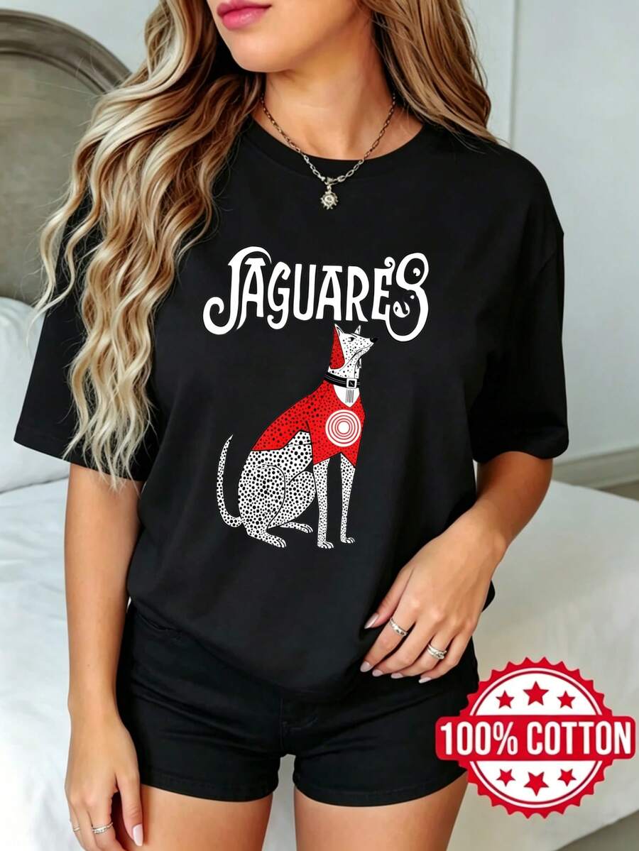 Camiseta negra de manga corta, cuello redondo y estampado para mujer de verano Jaguar Perro Rojo Patrón S-3XL moda 100% aodón material transpirable