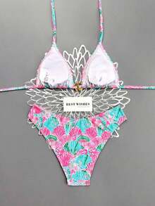 Conjunto de bikini de 2 piezas con tirantes finos, cuello halter, base negra, lunares blancos y estampado aleatorio dulce y lindo con corte alto en los laterales para mujer, primavera/verano 2026 - Multicolor 9 - Ver 2