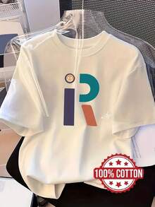 TH336 Women's T-Shirt, Modern Style With Short Sleeve Letter R Print, Fashion Printed T-Shirt, 100% Crew Neck Short Sleeve, Loose Fit With Dropped Shoulders, Sweat-Absorbent And Breathable, Comfortable Casual Home Wear - 白色 - 查看 1