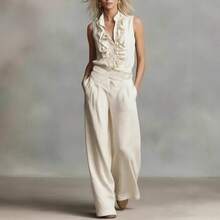 Nuevo 2026 Conjunto Primavera Verano Mezcla de Lino Estilo Minimalista Europeo Camisa Sin Mangas y Pantalones Pierna Ancha Casual - Blanco - Ver 3