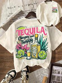 1pc Women's Casual Short Sleeve Crew Neck Graphic T-Shirt, "Tequila Is Cheaper Than Therapy" Drinkers Club 100% Cotton - 淺杏色 - 查看 7