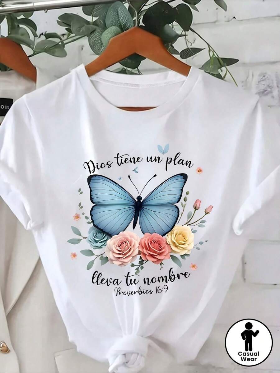 1 Camiseta Casual de Manga Corta para Mujer - Estampado Floral de Mariposas y Versículos Bíblicos (Éxodo 31:8) - Ropa Cristiana Blanca Adecuada para la Iglesia y Uso Diario - Top de Cuello Suave, Diseño de Mariposa Azul y Rosa, Material Duradero, Moda