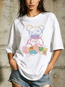 Women's Bear Print T-Shirt, Soft And Comfortable, 180g - Perfect Gift For Family And Friends | Casual Summer T-Shirt Suitable For Work And Leisure. | Modern And Attractive Design, Suitable For Both Outdoor And Indoor Wear. | Ideal For Labor Day Celebrations And Company Gatherings. D1UD - 白色 - 查看 6