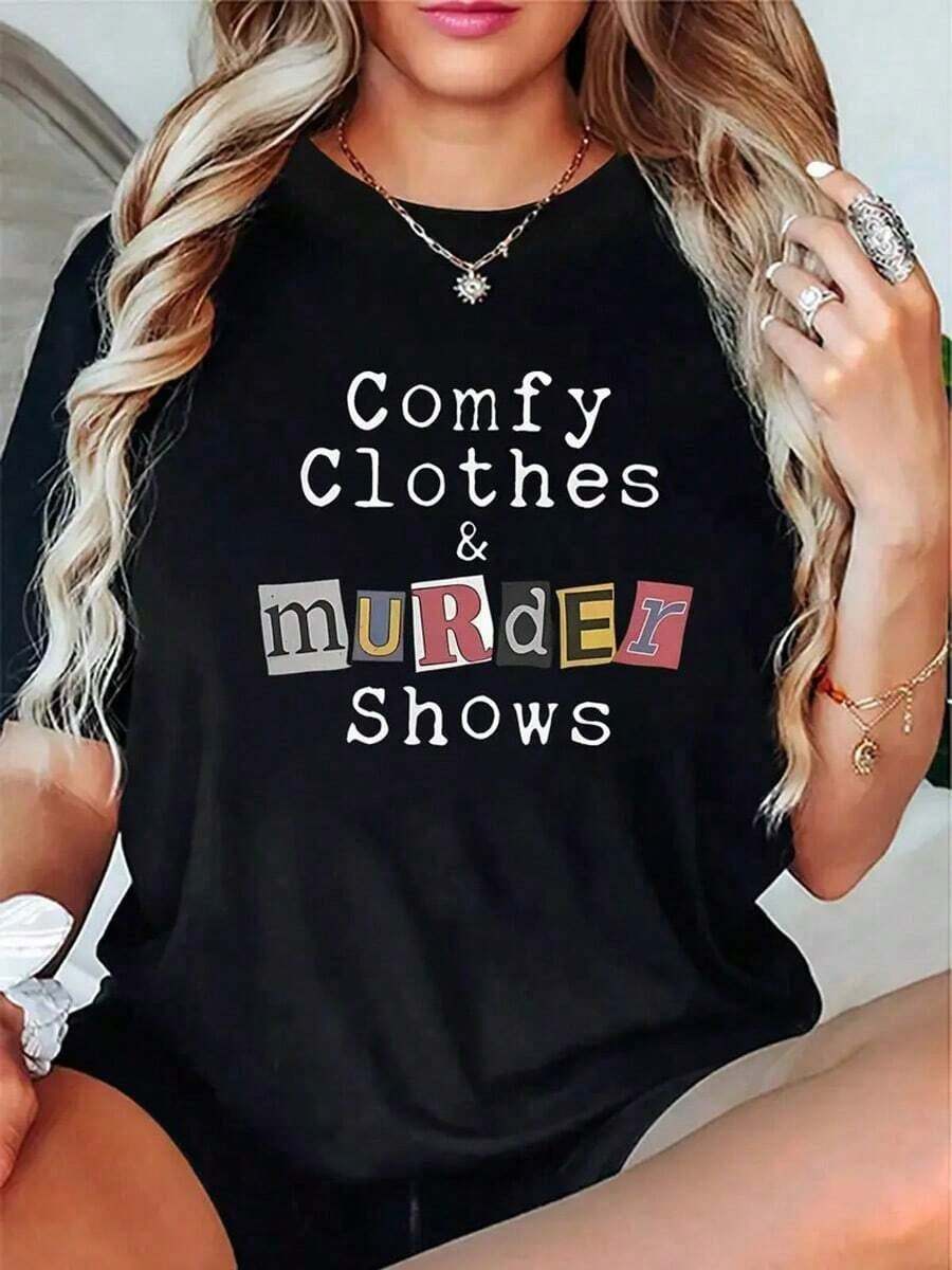 Women's Casual Short Sleeve Crew Neck T-Shirt With "Comfy Clothes & Shows" Letter Print, Stretch Polyester Knit Fabric, Fashionable Summer Top For Ladies, Back To School, Halloween Clothing, Concert Outfit, Y2k Clothing For Women, Graphic Tees, Thanksgiving, Christmas Blouses For Ladies. - 黑色 - 查看 1