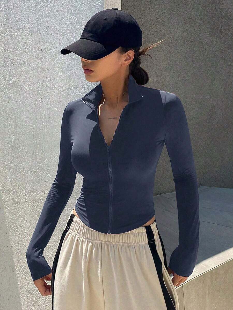 Chaqueta deportiva ajustada con cremallera delantera, nueva para otoño para mujer - Gris - Ver 1