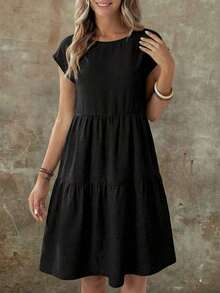 Vestido casual de mujer de manga corta, cuello redondo y longitud media, con aspecto de lino verde, para primavera/verano - Negro - Ver 4