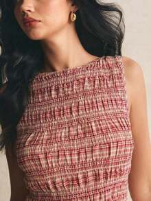 Camiseta de tirantes casual a cuadros para mujer en verano - Rojo - Ver 4