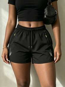 Women's Casual Sports Shorts, Lightning Print, Zipper Closure, Drawstring Waist, Suitable For Running, Sports, Casual Wear In Summer - Black - View 5