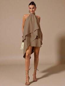 Vestido de satén de línea A con escote halter y espalda descubierta de unicolor amarillo/crema, adecuado para primavera/verano, vacaciones, playa, invitada elegante de boda, fiestas, ocasiones de otoño/invierno, Navidad elegante, Halloween - Caqui - Ver 6