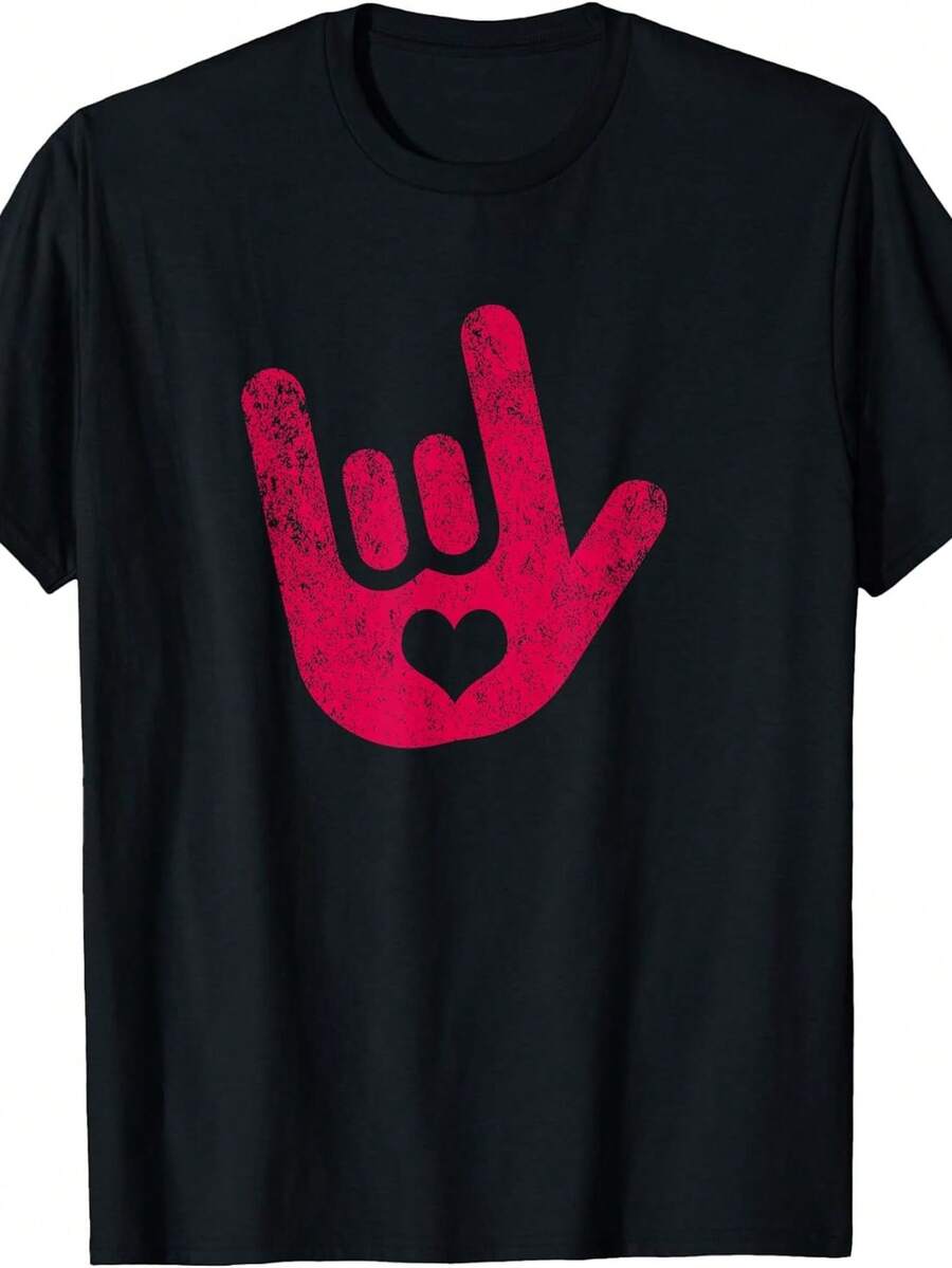Camiseta de talla grande con signo de lengue de señas ASL "Te quiero", camisetara mujer, talla grande, cuello redondo, negra, lavable a máquina, 180g, regalo, ropa cómoda, uste relado, top de moda, camiseta estamp, material transpirable, tela suave, uste uni