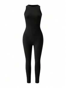 Mono de mujer de nueva moda, casual, con empalme, sin mangas, de cintura alta, ajuste ceñido, pantalones deportivos de cintura alta, elegante y bien ajustado para el verano en color negro - Negro - Ver 4