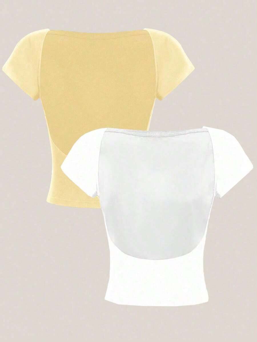 2 piezas Camiseta ajustada de mujer con cuello redondo, mangas cortas y espalda descubierta, estilo sexy y casual, adecuada para el verano - Multicolor 7 - Ver 1