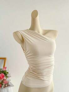 Top corto plisado de un hombro en color albaricoque, ropa de trabajo elegante, de estilo minimalista y casual para mujer, adecuado para primavera/verano - Albaricoque - Ver 3