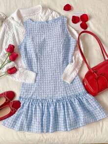 Vestido casual y elegante con textura de crepé, volantes en el bajo y sin mangas, a cuadros, ideal para el Día de San Valentín - Celeste - Ver 6