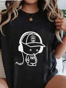 Women's Summer Fashion Short Sleeve T-Shirt Casual Outdoor Fashion T-Shirt 'Cartoon Characters' Relaxed Print Casual Shirt - 黑色 - 查看 1