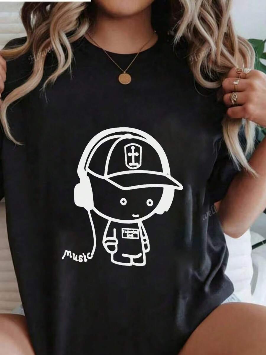 Women's Summer Fashion Short Sleeve T-Shirt Casual Outdoor Fashion T-Shirt 'Cartoon Characters' Relaxed Print Casual Shirt - 黑色 - 查看 1