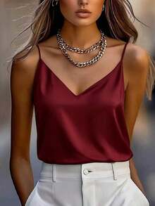 1 pieza Ropa de mujer de verano, blusa de satén de unicolor elegante y de moda sin mangas y con espalda descubierta, adecuada para el verano, citas por la noche, la oficina, vacaciones y uso casual diario - Burdeos - Ver 5