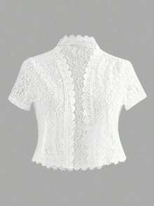 Chaqueta casual de verano para mujer, de unicolor, con parches de encaje en la parte delantera abierta, para ropa de fiesta de vacaciones - Blanco - Ver 6