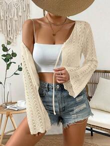 Cárdigan de punto calado de color liso casual para vacaciones - Beis - Ver 7