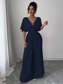 Mono de mujer elegante con cuello en V profundo, mangas tipo murciélago y plisados, de unicolor - Azul marino - Ver 5