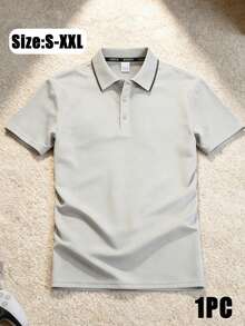 1pc Regular Fit Short Sleeve Breathable Contrast Collar Light Gray Pique Fabric Wrinkle-Resistant Business Casual Polo Shirt Sports Summer - Light Grey - View 5