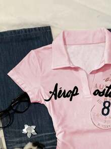 Camiseta casual de mujer con estampado de letras, verano - Rosa - Ver 3