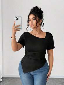 Camiseta de manga corta de cuello asimétrico para mujer talla grande, top ajustado versátil y elegante de alta gama, adecuado para primavera/verano - Negro - Ver 8