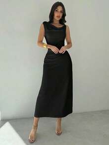 Vestido de mujer de cuello asimétrico blanco con volantes en la cintura, vestido elegante y sexy para ir al trabajo, de vacaciones, de moda y moderno, para primavera/verano, para ir al trabajo, elegante, sexy, de vacaciones, playa, Hawái, temporad - Negro - Ver 4
