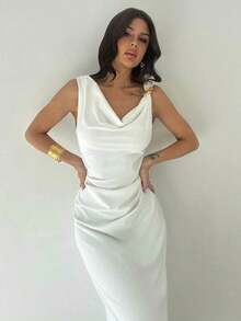 Vestido de mujer de cuello asimétrico blanco con volantes en la cintura, vestido elegante y sexy para ir al trabajo, de vacaciones, de moda y moderno, para primavera/verano, para ir al trabajo, elegante, sexy, de vacaciones, playa, Hawái, temporad - Blanco - Ver 3