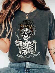 Fashionable Plus Size Women's T-Shirt With Coffee Skull Letter Slogan, Round Neck And Short Sleeve. - 深灰色 8 - 查看 1
